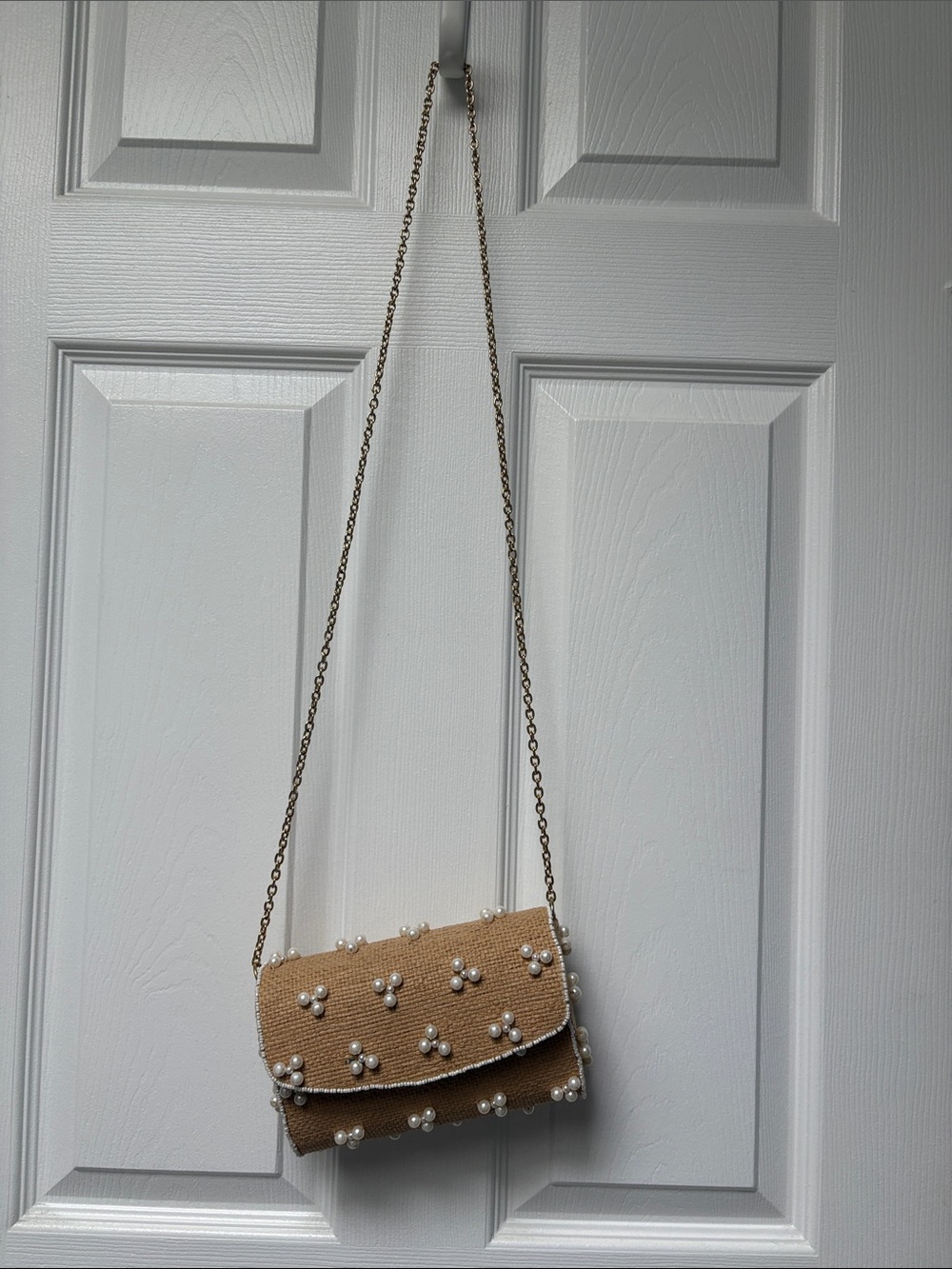 Anthropologie Beaded Straw Crossbody Bag in Beige